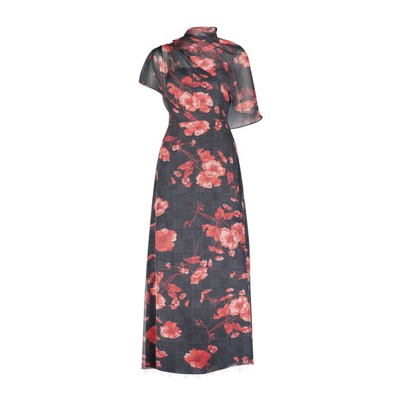Lela Rose Floral Printed Glenn Black Polyester Plaid Chiffon Draped Bodice - Picture 1 of 5